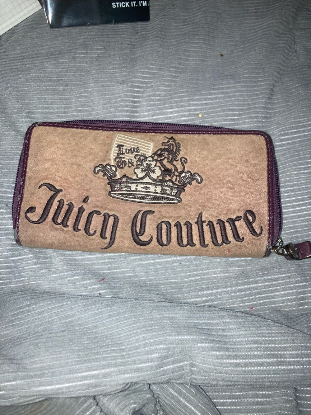 Juicy Couture Beige Felt Zip Wallet with Plum Trim
